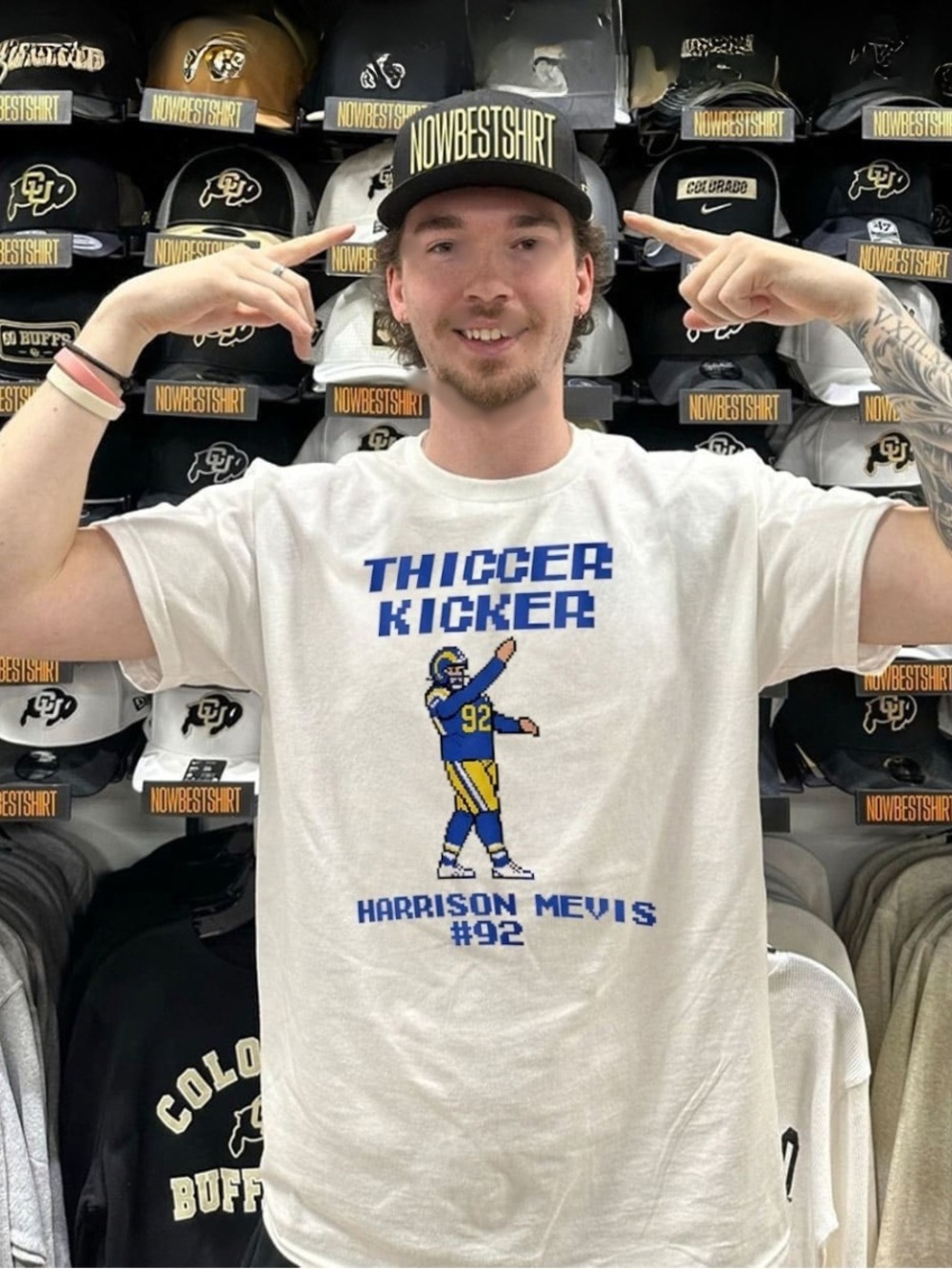 White 'Thiccer Kicker' Football Graphic Tee, Harrison Mevis 92 T-Shirt, Game Day